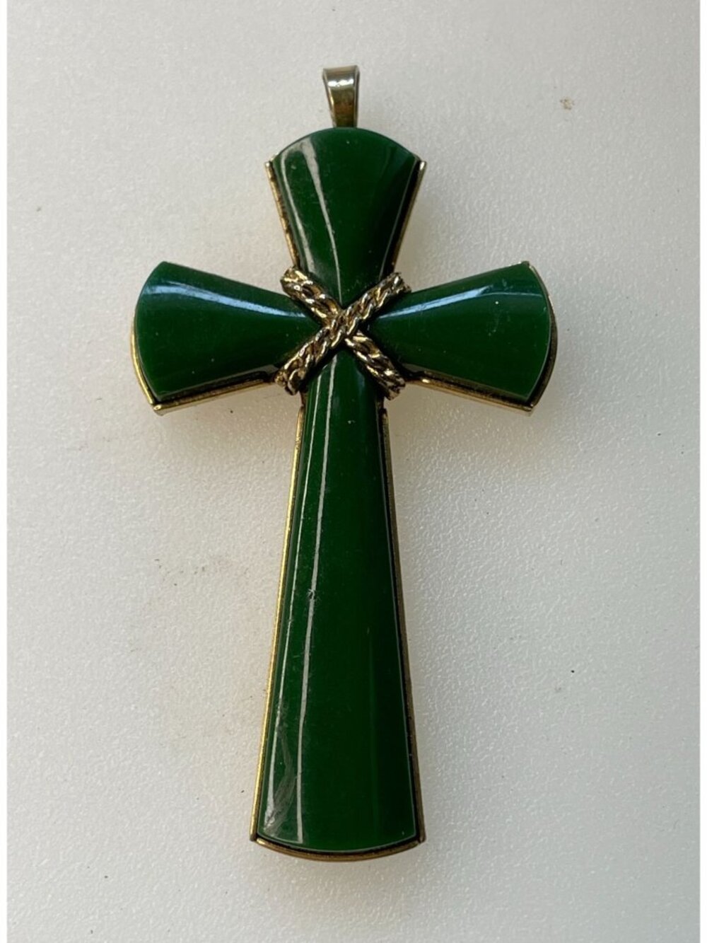Vintage 1970s Large Green Lucite Cross Pendant Florentine Brushed Gold Tone